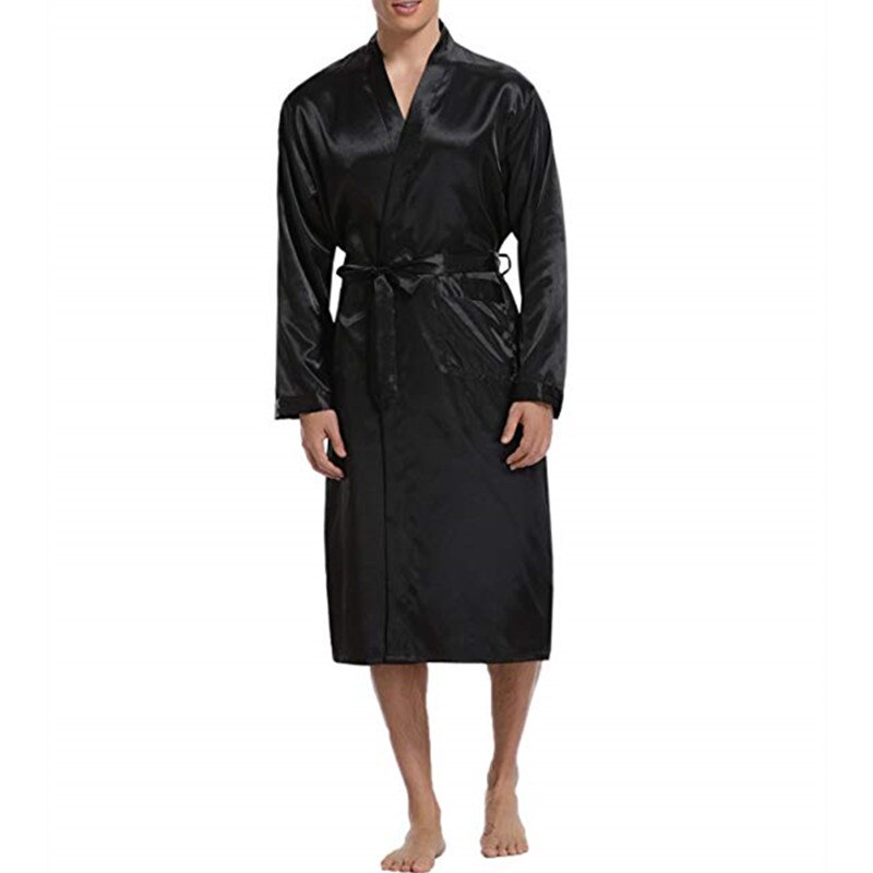 Incerun silke satin herr sovkläder morgonrock långärmad höst lång morgonrock lightwear avtagbara bältesfickor klänning pyjamas: Svart / L