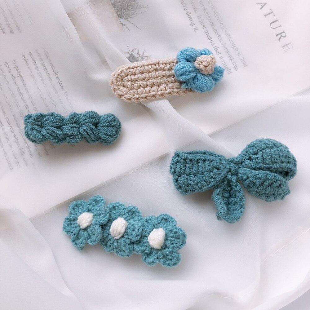 Otoño Invierno 4 unids/set Adorable de lana de punto Bowknot flor pelo Clip horquilla para las mujeres Accesorios