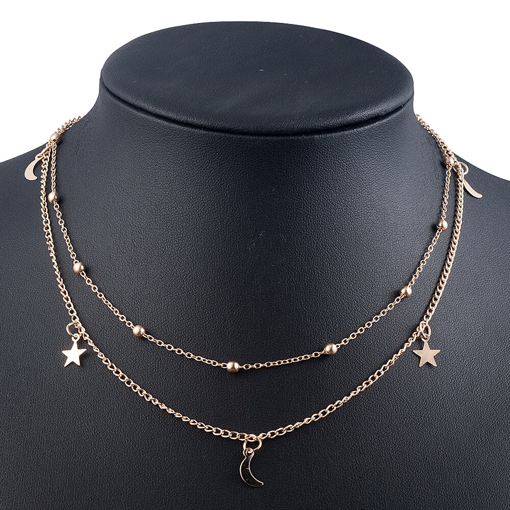 Elegante Frauen Dame Charme gold Mond Stern Runde Anhänger Doppel Schicht Kette Halsband Halskette Partei Schmuck Luxuriöse Weihnachten: gold