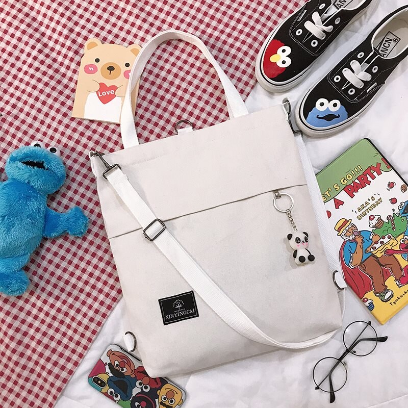 Femmes toile fourre-tout dames sac à bandoulière décontracté pliable sacs à provisions sac de plage coton tissu femme sac à main avec pendentif Panda: WHITE