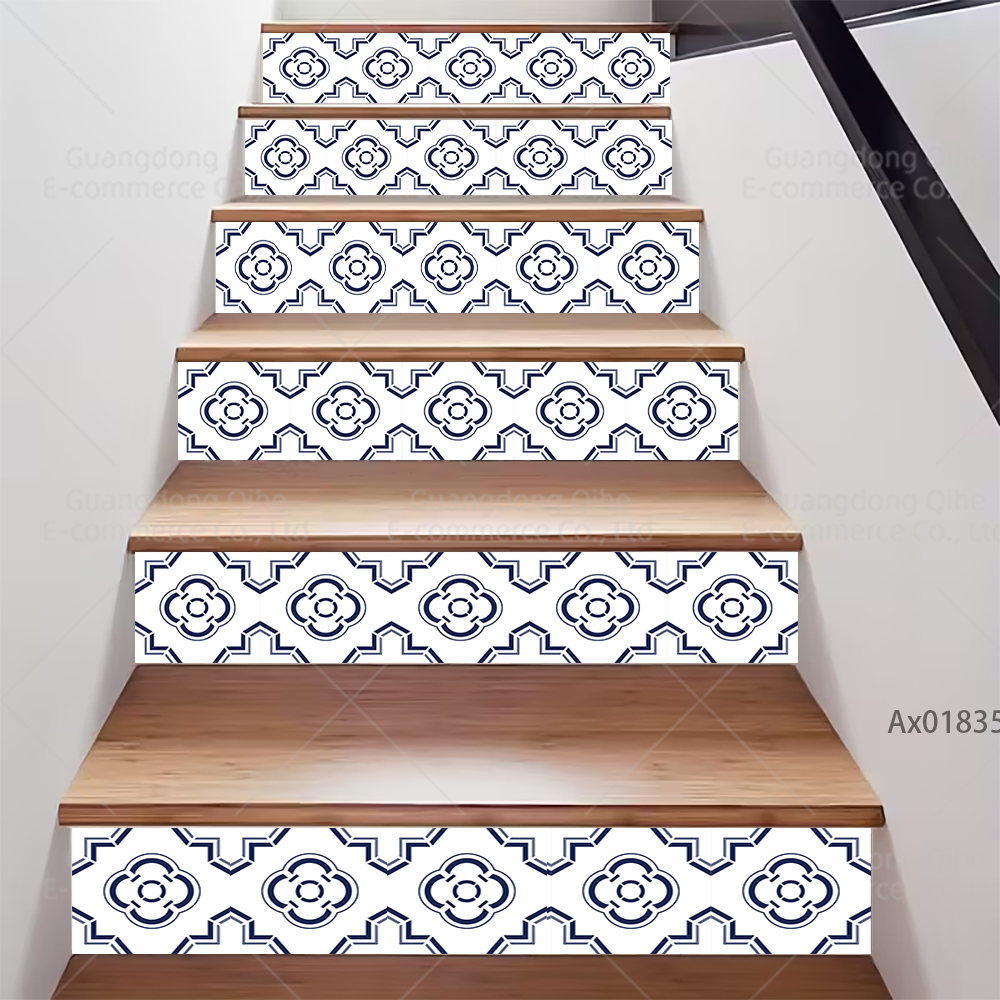 Minimalistische blauwe bloemen trapsticker, zelfklevende trapbekleding, duurzame decoratie voor binnentrappen, plintstickers, muurschilderingstickers.: Xl / Multi