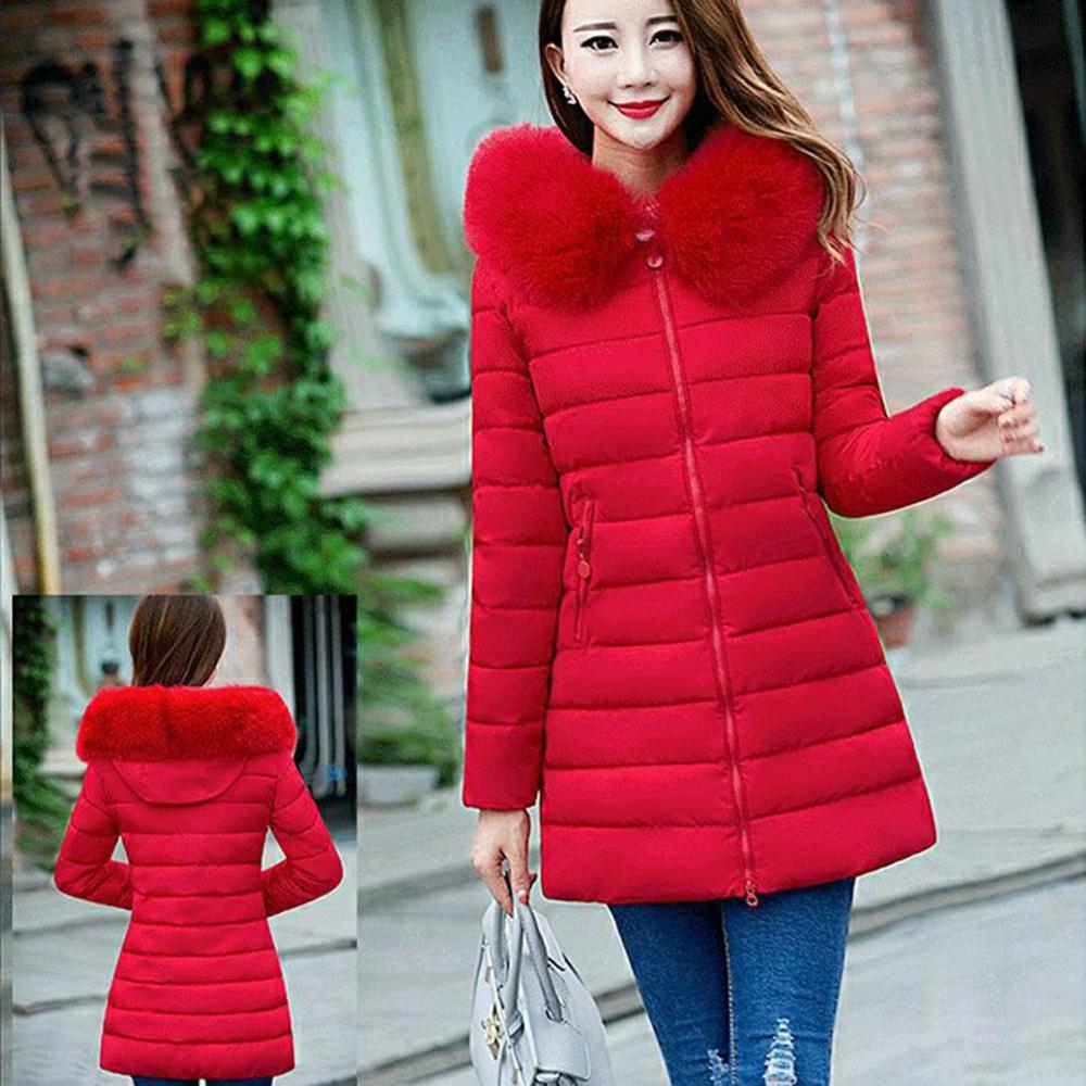 Plus size halflange katoenen bovenkleding winterjassen dames met grote bontkraag ultradunne dikke warme overjas kleding: Rood / Xxl