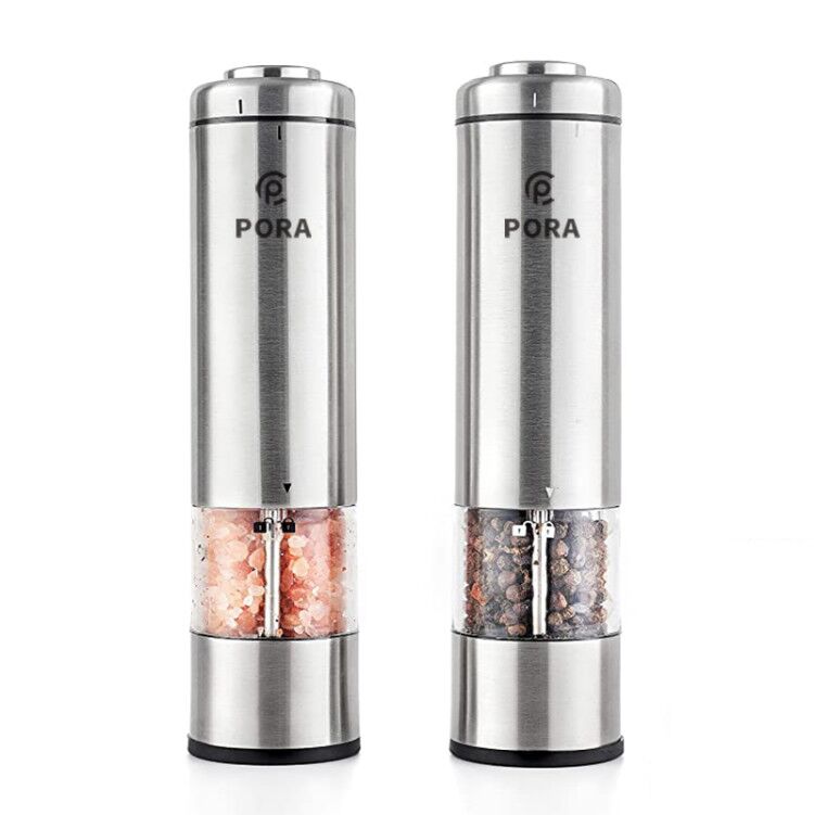 Pora-salt- och pepparshaker med ställ pepparkvarn set rostfritt stål automatisk mjölkvarn för kök elektrisk kryddkvarn: D