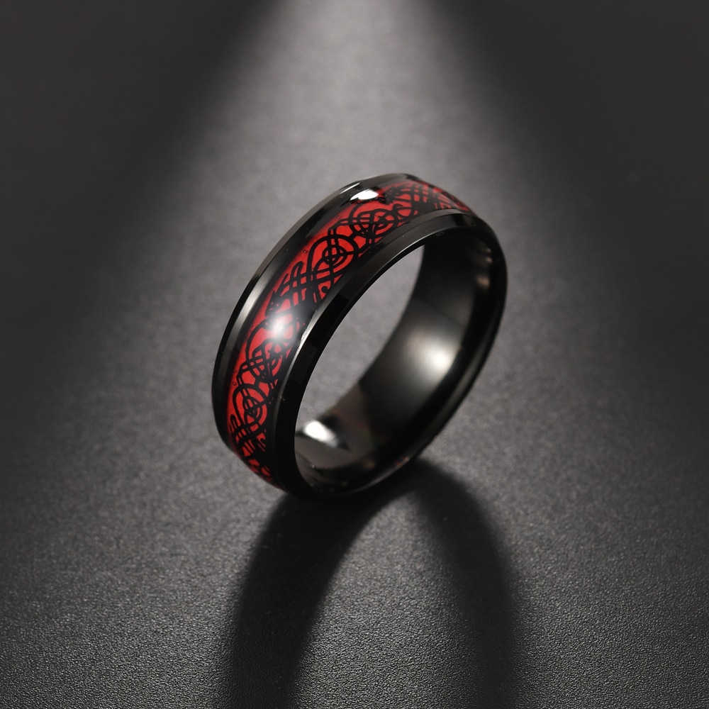 Menn ring smykker rød svart drage innlegg komfort passform rustfritt stål ringer 11 menn kvinner giftering bred 8mm størrelse 7 8 9 10