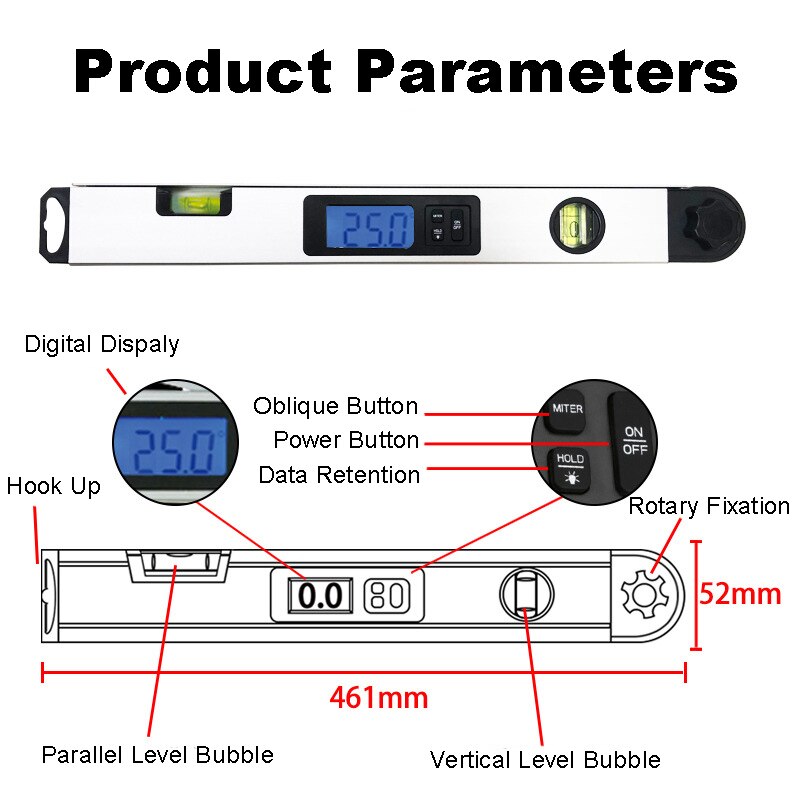 ZK30 Digital Angle Finder Gauge 0-230 Degree Protractor Ruler Miltre Angle Finder With LCD Display Spirit Level Back-Light