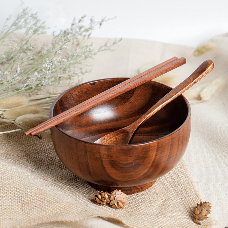 Natural Wooden Bowl with chopstick Spoon Salad Bowl Rice Fruit Bowl Food Container Kitchen Utensil Kids Children Snack Bowl
