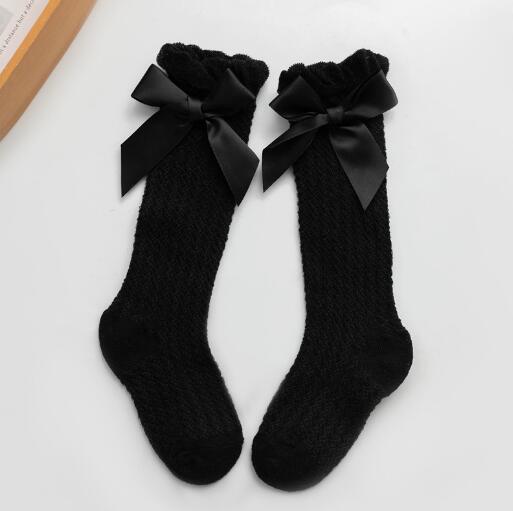 Barn flickor kunglig stil rosett knähöga nätstrumpor.baby toddler bowknot in tube socks.kid ihåliga strumpor sox 0-4y: Svart rosettnät / 2y-4y