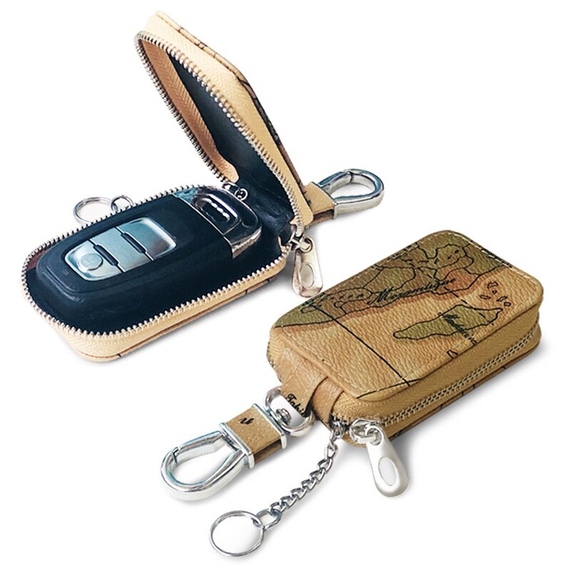 Map Pattern Mini Key Wallets Unisex Car Key Bag PU Leather Key Holder Key Case for Car Housekeeper Zipper Keychain Cover