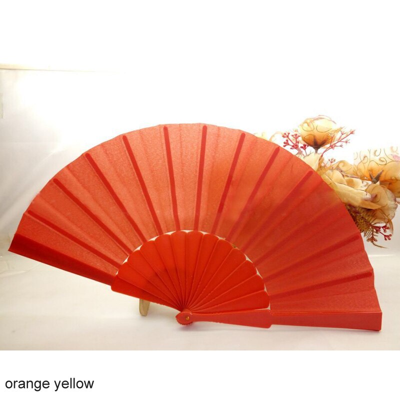 Abanico de plástico de poliéster y algodón para decoración del hogar, accesorio plegable de 13 colores, ideal para fiestas, baile al aire libre, portátil, 23cm de longitud, 1 Uds.: orange yellow