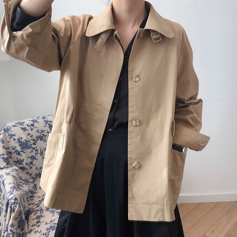 [eam] losse pasvorm kaki bandage split joint temperament jas revers lange mouw damesjas lente herfst 1 648