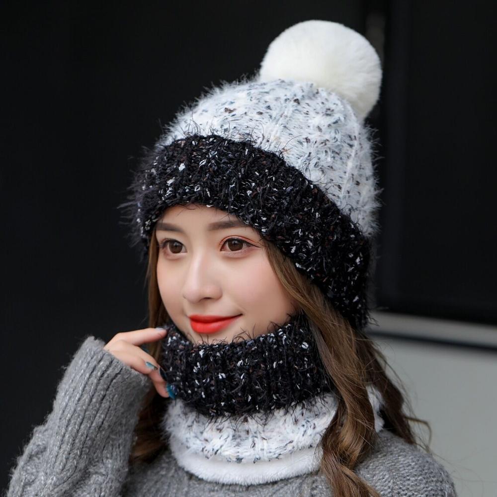 Strikket vinterhue tørklæde sæt til kvinder vindtæt tykke varme beanies og ring tørklæde kvindelige strikkede hat tilbehør piger: Mælkehvid
