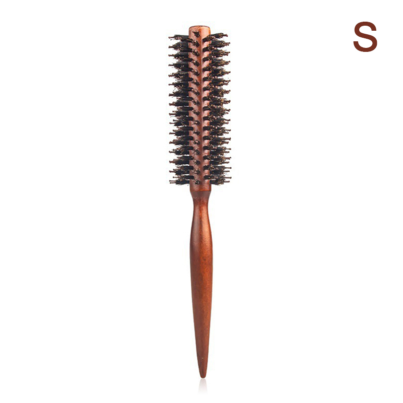 Cepillo redondo de cerdas de jabalí de madera antiestática, herramientas de peinado de peluquería, cepillo de burlas para cabello rizado, peine: Negro