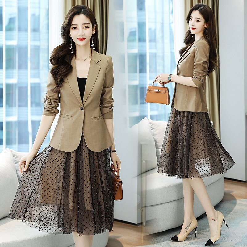 Korean office clothes women skirt suit office lady suit jacket Polka dot mesh skirt 2 piece set women blazer and skirt set