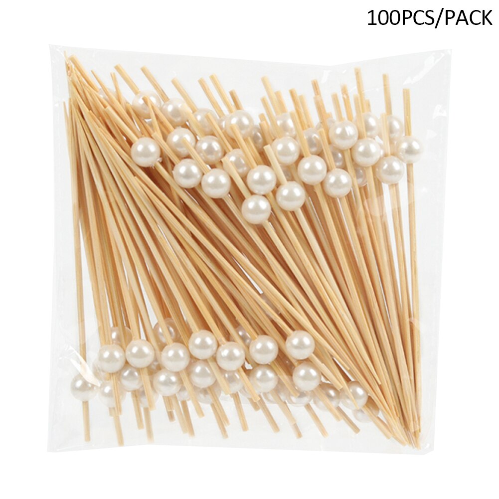 100pcs Salad Home Desserts Wedding Party Bamboo Toothpicks Practical Cake Decor Cocktail Picks With Pearl Disposable Restaurant: White
