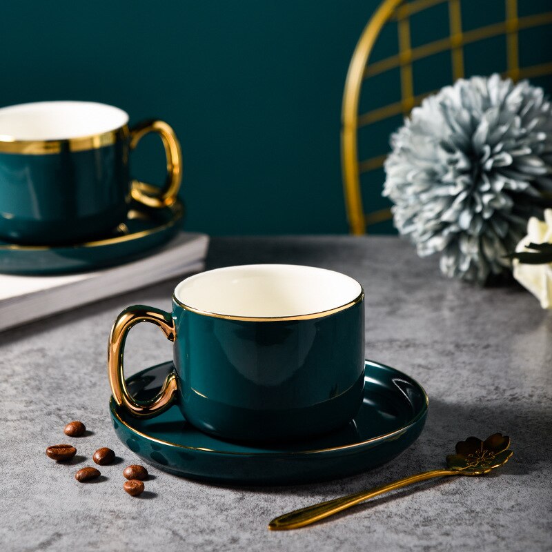 Europeisk stil kaffekopp tekoppfat set guld trim grön keramisk kaffemjölk kopp 200ml