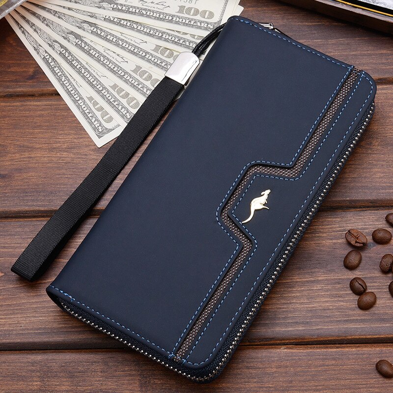 Men&#39;s Leather Wallet Zipper Long Purse Big Capacity Clutch Phone Bag Wrist Strap Coin Purse Card Holder For Male: Blue A