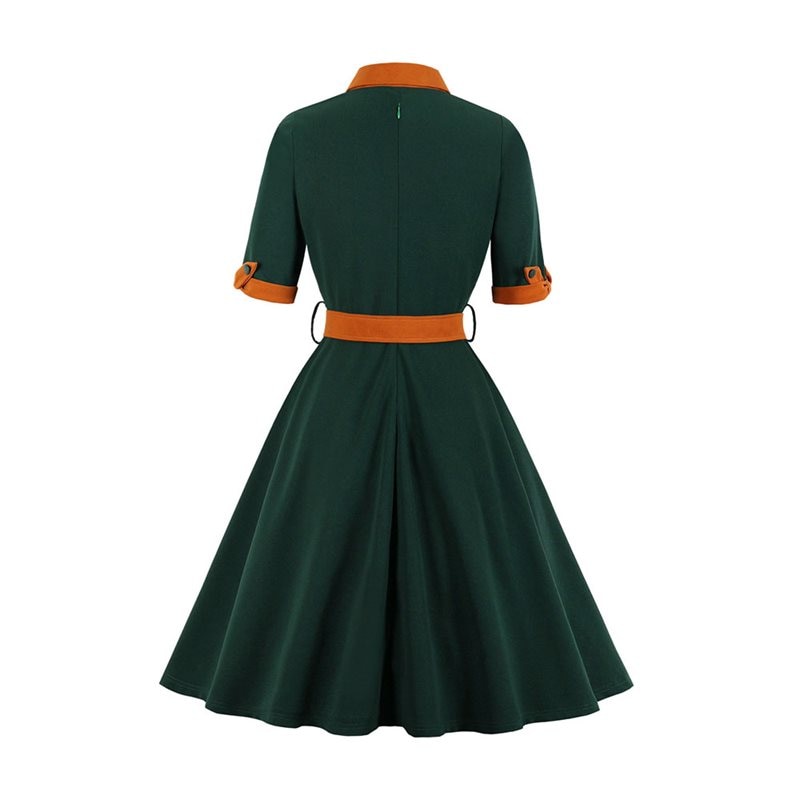 Sisjuly Vrouwen Groene Retro Jurken Vrouwelijke Boog Kraag Vintage Jurken Patchwork Knielange Office Lady Jurken Chic Elegante