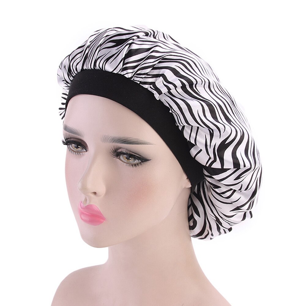 Hair Satin Bonnet For Sleeping Shower Cap Silk Bonnet Bonnet Femme Women Cap Head Cover Wide Elastic Band: Black white zebra