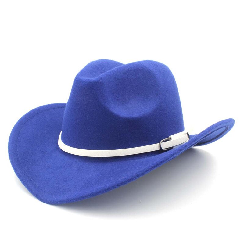 retro kvinner menn ull vestlig cowboyhatt rull-opp avlet kant filt cowgirl jazz gudfar sombrero lokk med hvitt belte størrelse 56-58cm: Blå