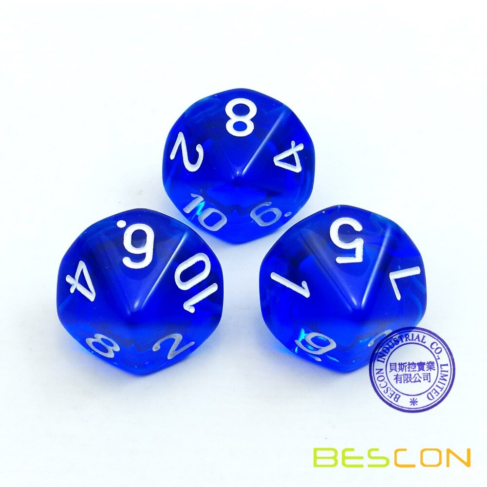 Bescon Polyhedral 10 Zijden Dobbelstenen Met Nummer 1-10, Blauw Transparant 10 Zijdige Dobbelstenen, 10 Zijden Cube 1-10, 10 Stuks Set