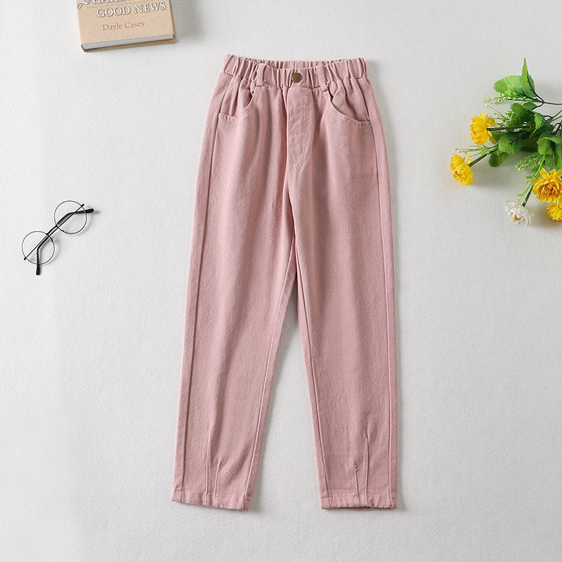 Höst vinter barn tjejer casual lös enfärgad matchande jeans barn flickor mjuka jeansbyxor byxor  w551: Rosa / 13