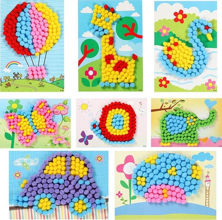 1pc DIY Plush Ball Painting Stickers Children Educational Handmade Puzzles 5pcs small Scratch Art Paper Magic Painting Paper WYQ