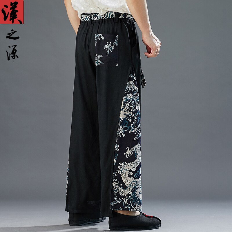 Chino pantalones de harén de los hombres dragón Oriental-pierna Retro de algodón de lino de carga pantalones holgados sueltos de encaje pantalones de Kung Fu
