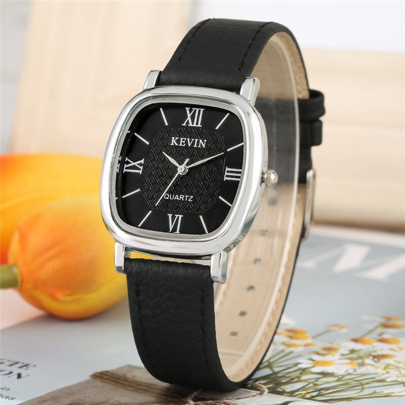 KEVIN Square Quartz Watch Couple Watches Soft Learher Strap Roman Numerals Dial Buckle Wristwatch for Men Women Relojes Pareja