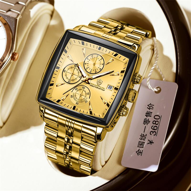 Miesten kello, valoisa, vedenpitävä, kronografi, päivämääränvalvojan rannekello, neliönmuotoinen, ruostumattomasta teräksestä valmistettu kvartsi miesten kellot, reloj: Hopea