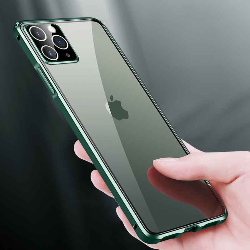 Di lusso Quadrato In Metallo Cassa del respingente Per il iPhone 11 Pro MAX 12 Aluminumm Temperato Trasparente di Vetro Della Macchina Fotografica Del Telefono di Protezione Della Copertura Posteriore