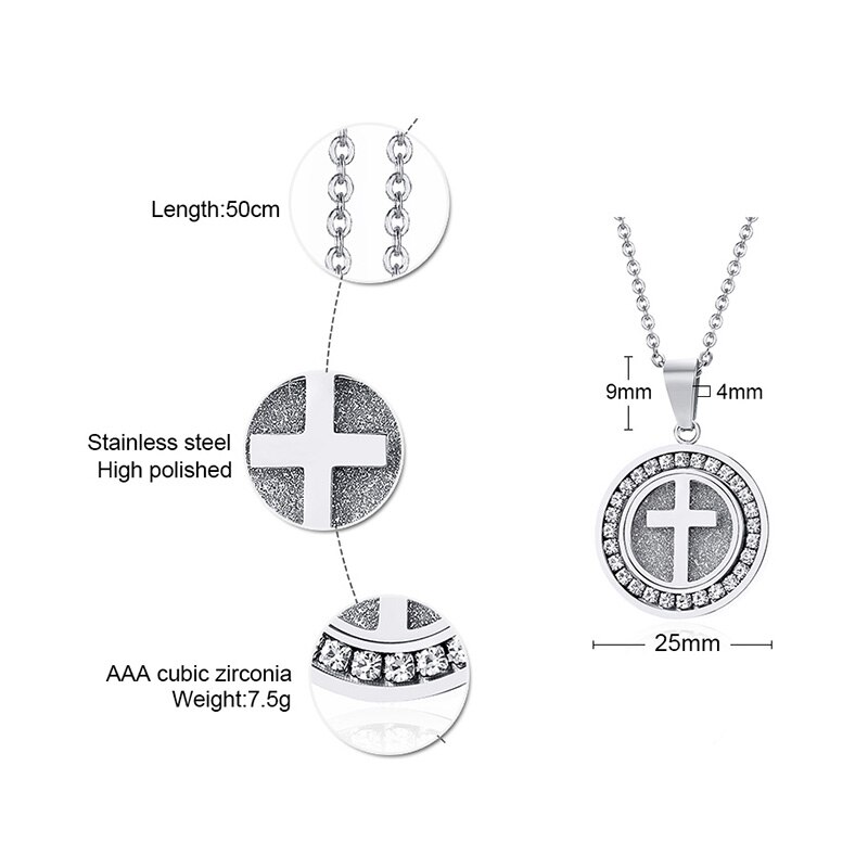 EyeYoYo Hip hop Zircon Cross Round Necklace Men Shine Party Pendant Necklace 316L Stainless Steel Trendy Jewelry