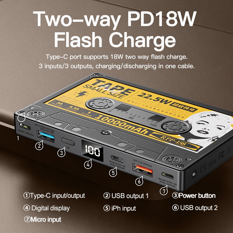 Remax-Batería Externa de 10000mAh PD18W + QC22.5W, Mini pantalla Digital Retro, Powerbank de carga rápida para teléfono, cargador portátil