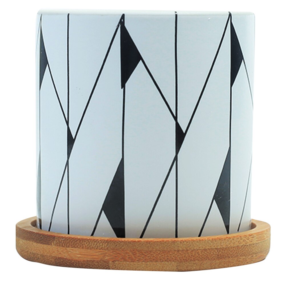 Jarrón de cerámica con forma de flor de escritorio, jarrón con forma geométrica, maceta sencilla para decoración de hogar y oficina con bandeja de Bambú: 5