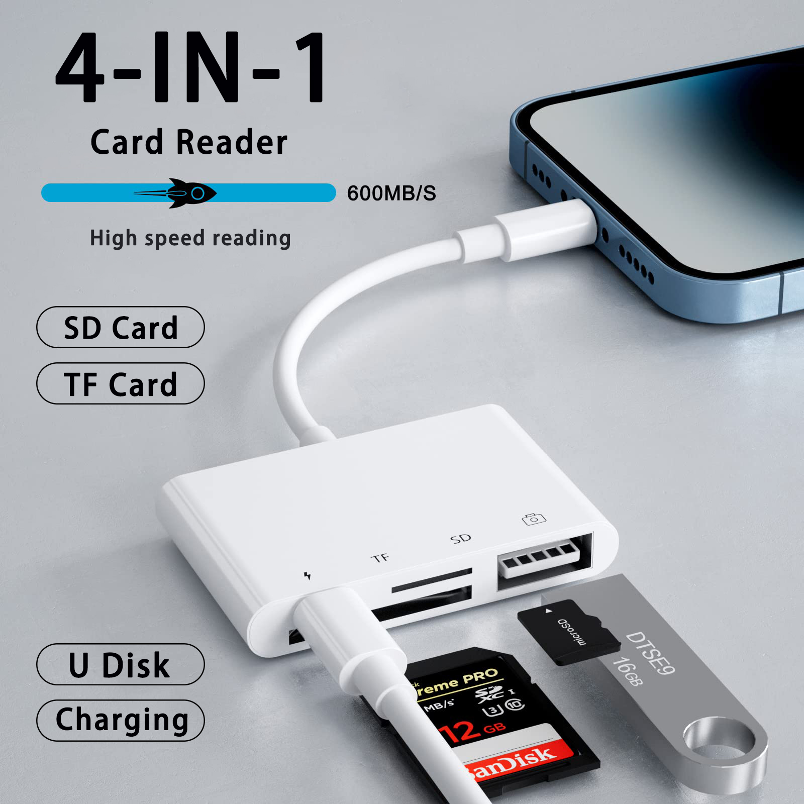 4-in-1-USB-Kartenleser SD/TF-Karte für iPhone 14 13 12 11 Profi Max Blitz Schnellladeanschluss für iPad-Kamera-MacBook-Adapter