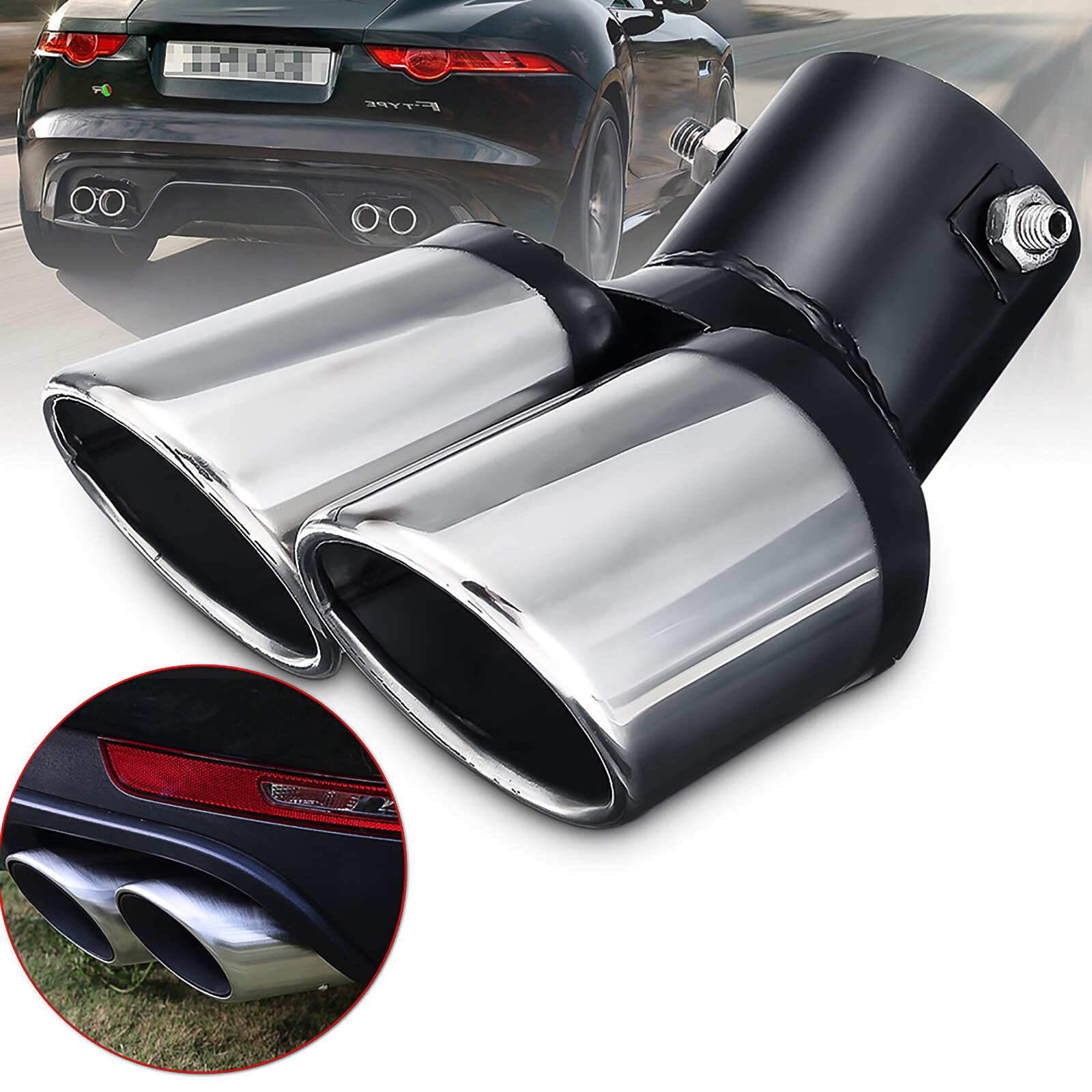 Universal Silver Stainless Steel Chrome Curved Dual-Outlet Exhaust Trim Tips Muffler Pipe Chrome Tail Dual Outlet Muffler
