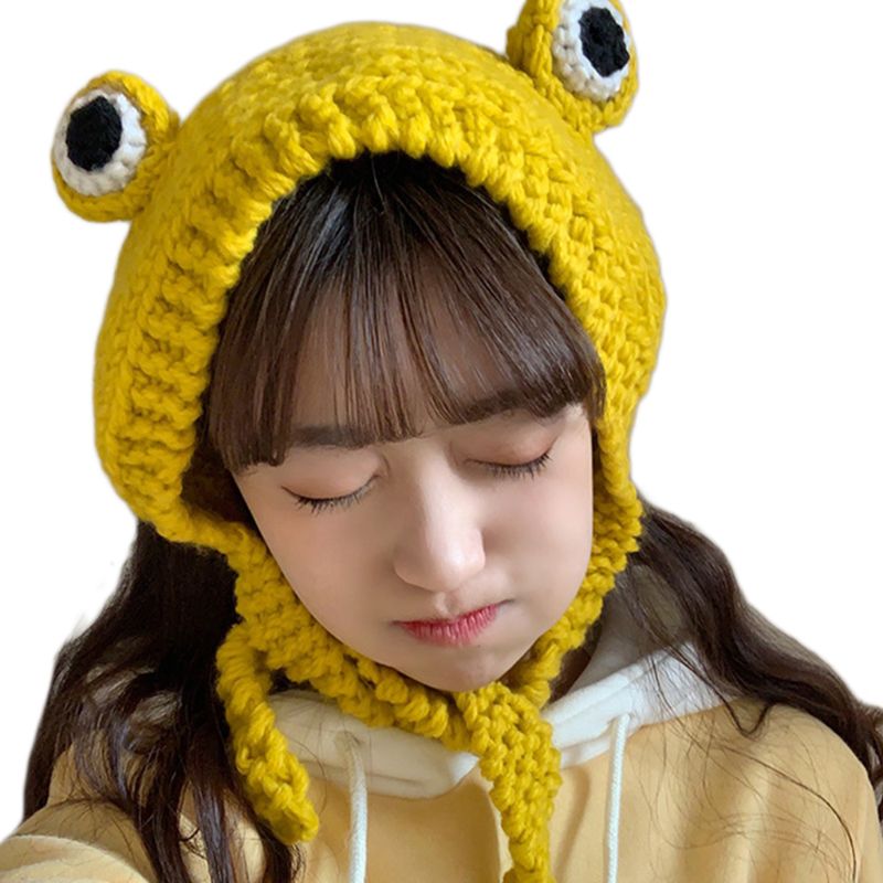 Bonnet en tricot pour les yeux de grenouille A2UA, mignon, couleur unie, , hiver