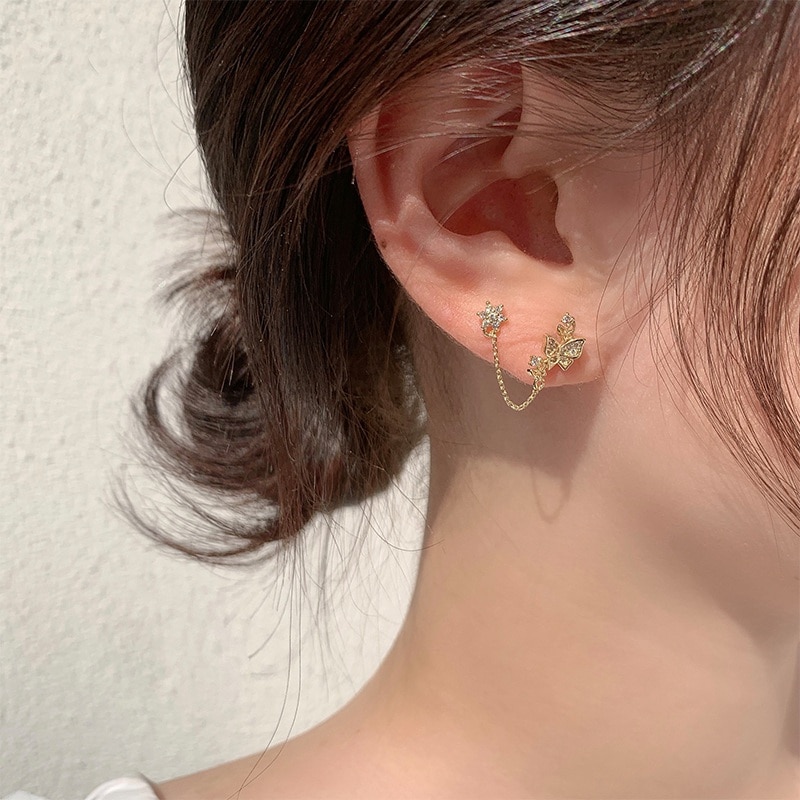 MENGJIQIAO coréen mignon papillon chaîne boucles d'oreilles goutte pour les femmes étudiants Zircon étoile Brincos bijoux