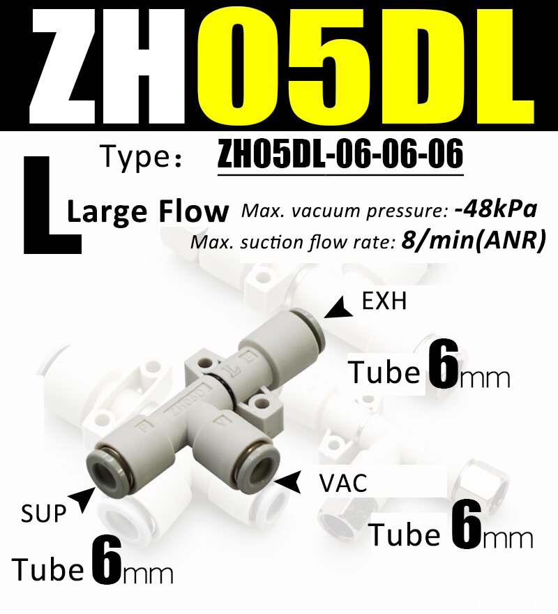 ZH Vacuum pneumatic ejector ZH05DL-06-06-06 pneumatic vacuum generator negative pressure vacuum connector ZH05/07/10/13 DL DS: ZH05DL-06-06-06