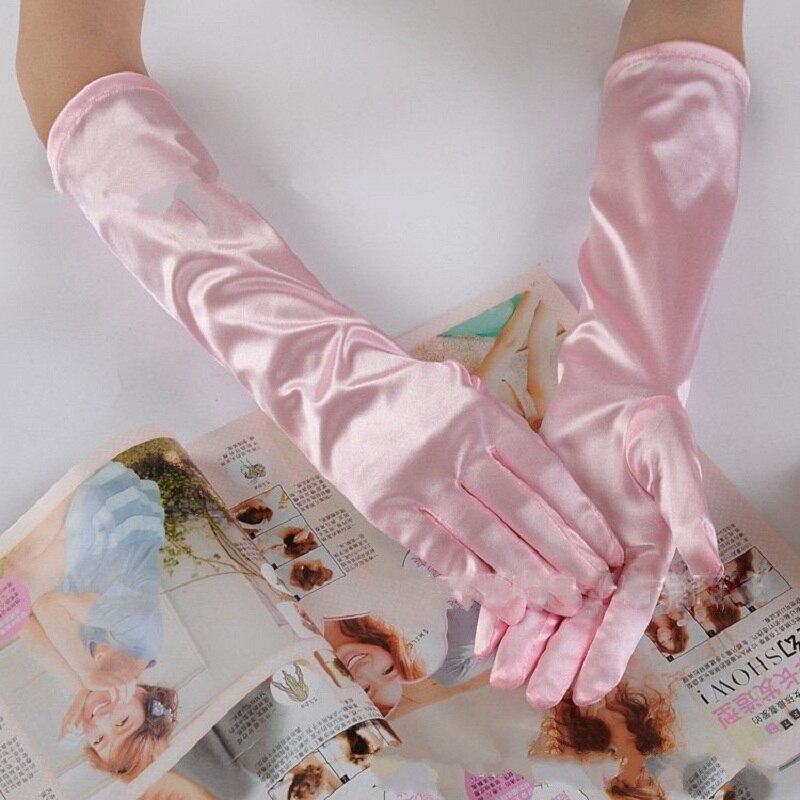 Blå grå guld gul rosa handskar för bal party one size stretch satin armbåge finger kvinnor guantes boda handskar  st017: Rosa
