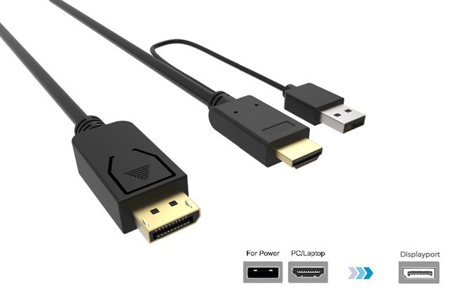 HDMI to DisplayPort Adapter Cable - 4K UHD 3840x2160 - 15cm - USB 2.0 Power - for PC Monitor TV Projector: Male to Male 2M