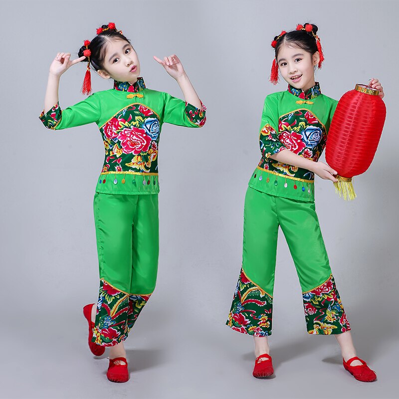 Chinese Folk Dancing Costume Girls Yangko Clothes Modern Drum Dance Performance Wear Fan Dance Outfits Year Hanfu Suit: Green Girls / XL