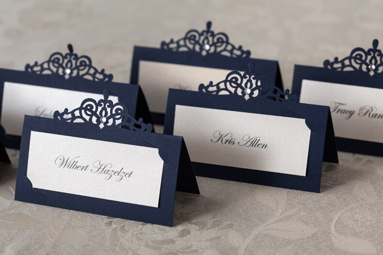 Portatarjetas de lugar azul marino, centro de mesa, configuración de nombre y número, decoración para banquete de boda, tarjetas e invitaciones para eventos y fiestas