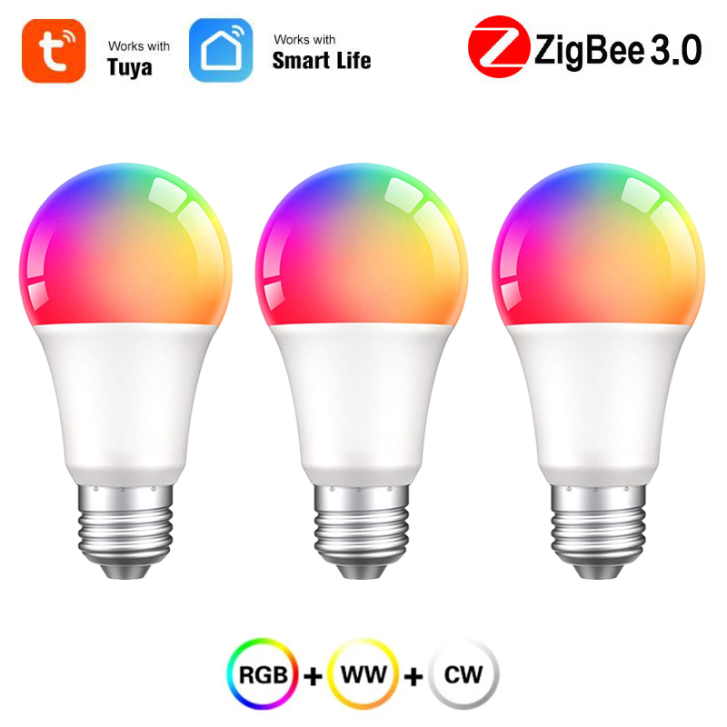 Tuya smart lyspære 15w zigbee 3.0 wifi  e27 fargerik rgbcw dimbar 85-265v smart home led lampe kompatibel alexa google home: 3 stk zigbee versjon