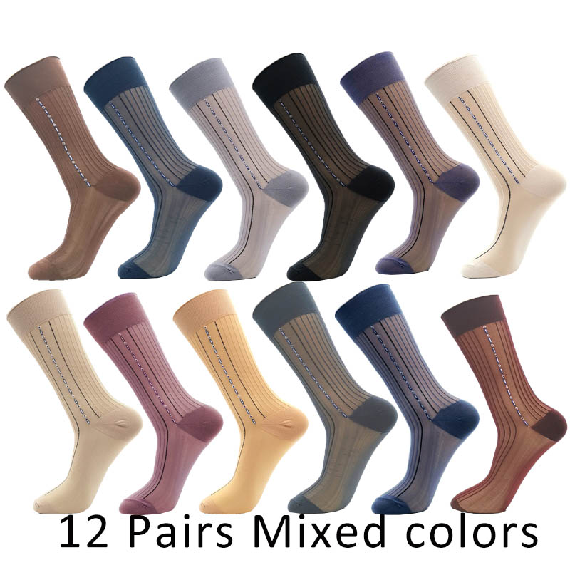 12 Pairs Large Size Summer Socks Mens Nylon Thin Breathable Middle-Eged Elderly Silk Socks Business Work Party Dress Long Socks: MULTI