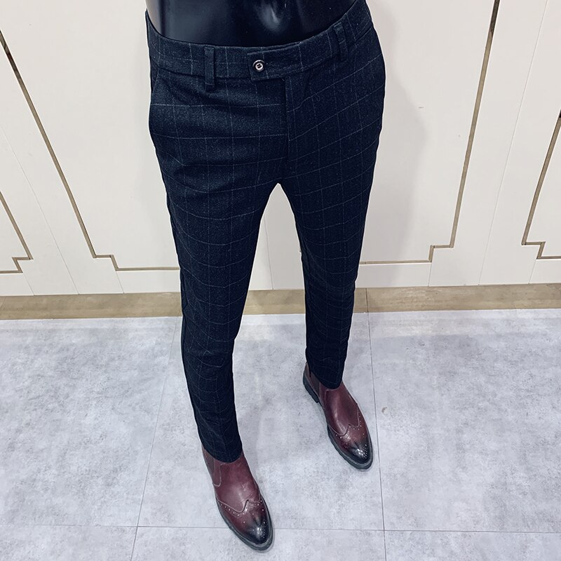 Pantalones clásicos de tela escocesa para hombre, pantalones ajustados de vestir de lana, pantalones de para oficina, pantalones de boda Social, pantalones de hombre Classique
