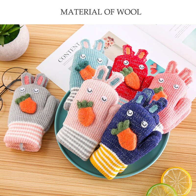 Cartoon Bunny Warme Baby Handschuhe Winter Kinder Kleinkind Baby Fäustlinge gestrickte Dicke Mädchen Jungen Nette Karotte Volle Finger Handschuhe