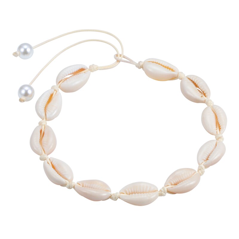 2 pcs/set Seashell Necklace Natural Shells Ankle Bracelet Jewelry Bohemian Seashell Choker knitting Necklace best friend: white shell 2