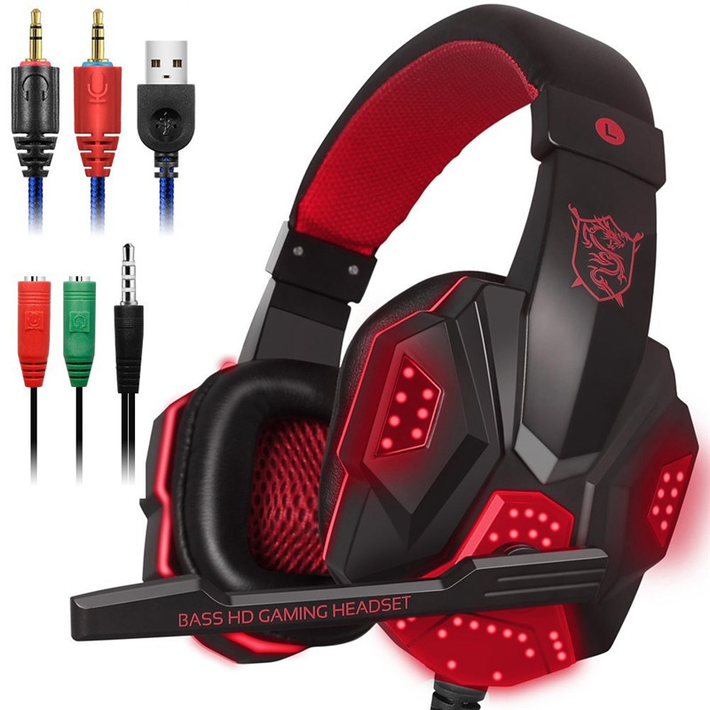 Stereo Gaming Headset voor Xbox een PS4 PC Surround Sound Over-Ear Gaming Hoofdtelefoon met Microfoon Noise Cancelling LED lichten Headset: Black Red