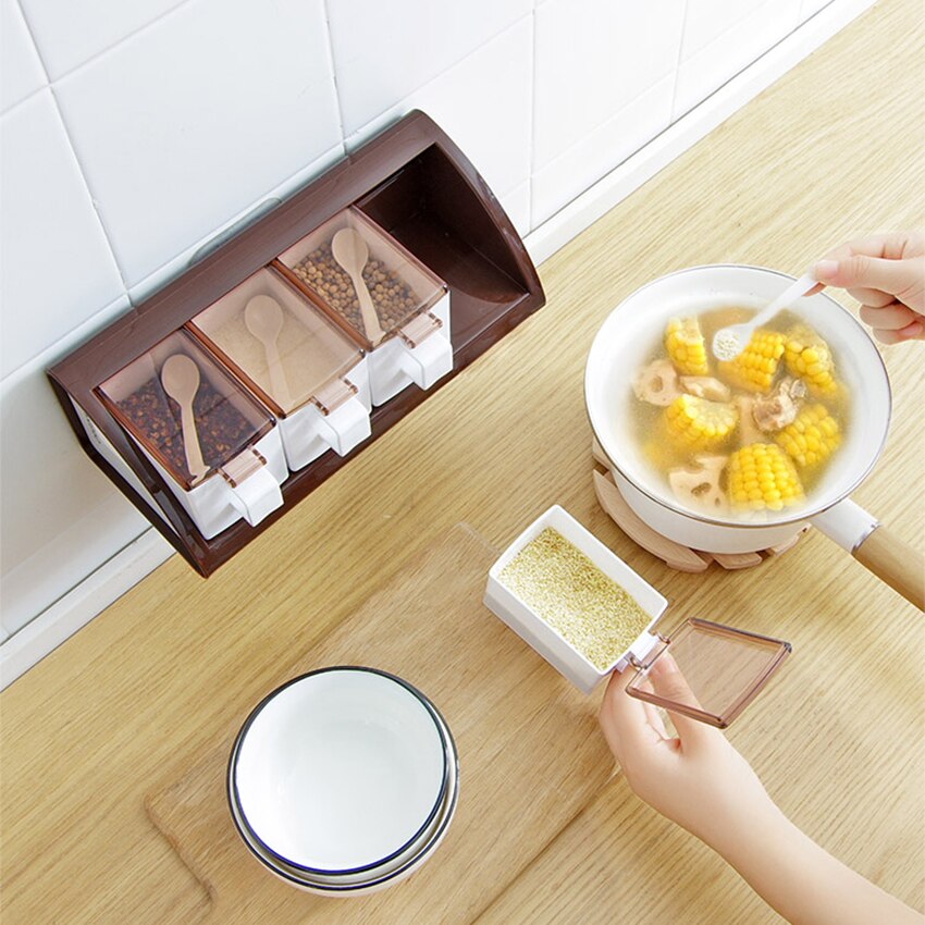 3/4 Grids Food Seasoning Box Container Kitchen Tools Wall Mounted Spice Boxes Salts Can Storage Bottle Seasoning Jar With Spoons