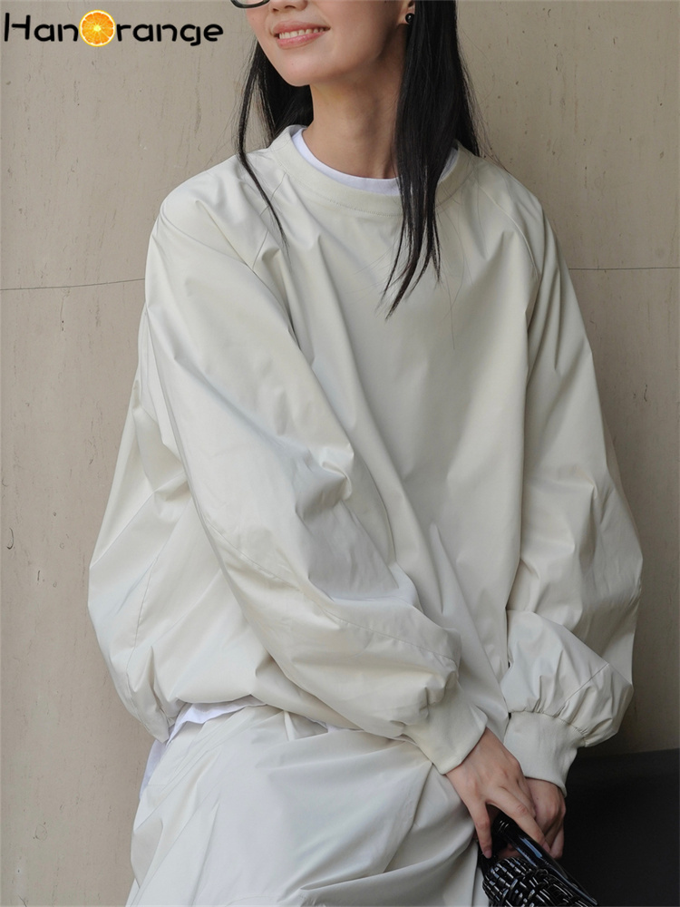 Hanorange forårs afslappet sports-sweatshirt med o-hals dame løs pasform komfortabel langærmet top sort/beige